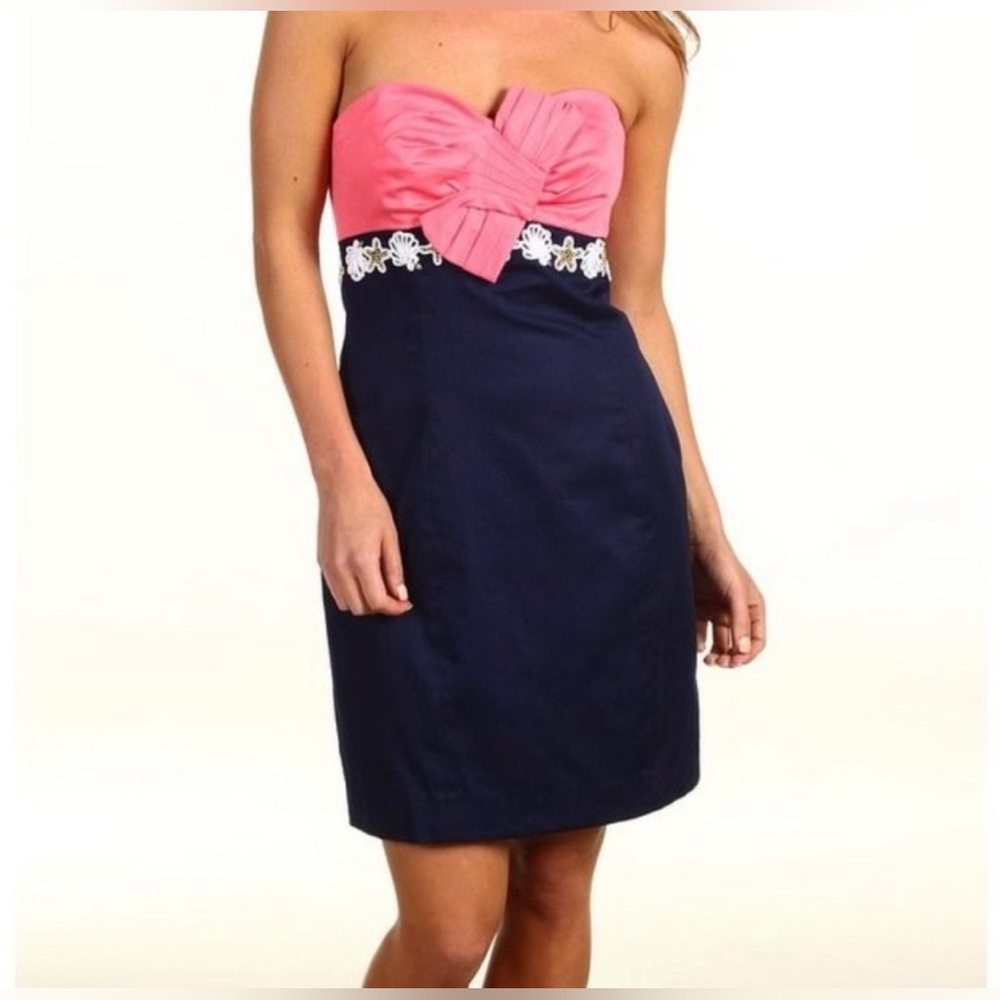 Lilly Pulitzer Krissa Dress Women 2 Pink Navy EUC Bow Strapless‎ Nautical Shell